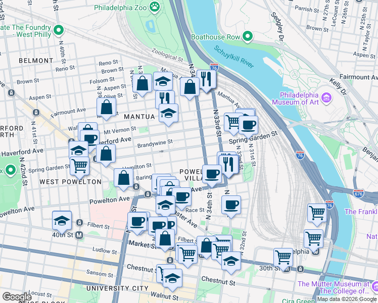 map of restaurants, bars, coffee shops, grocery stores, and more near 3409 Spring Garden Street in Philadelphia