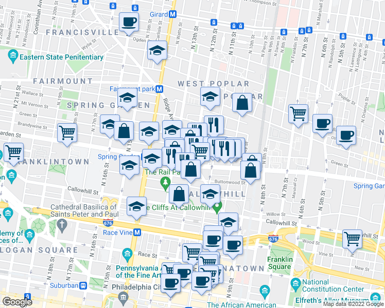 map of restaurants, bars, coffee shops, grocery stores, and more near 532 North 12th Street in Philadelphia