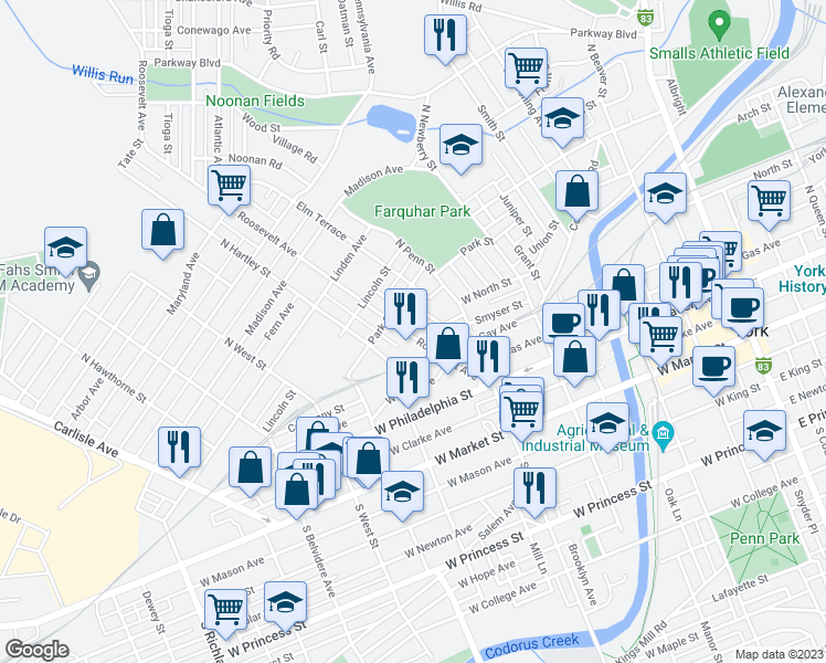 map of restaurants, bars, coffee shops, grocery stores, and more near 235 Roosevelt Avenue in York