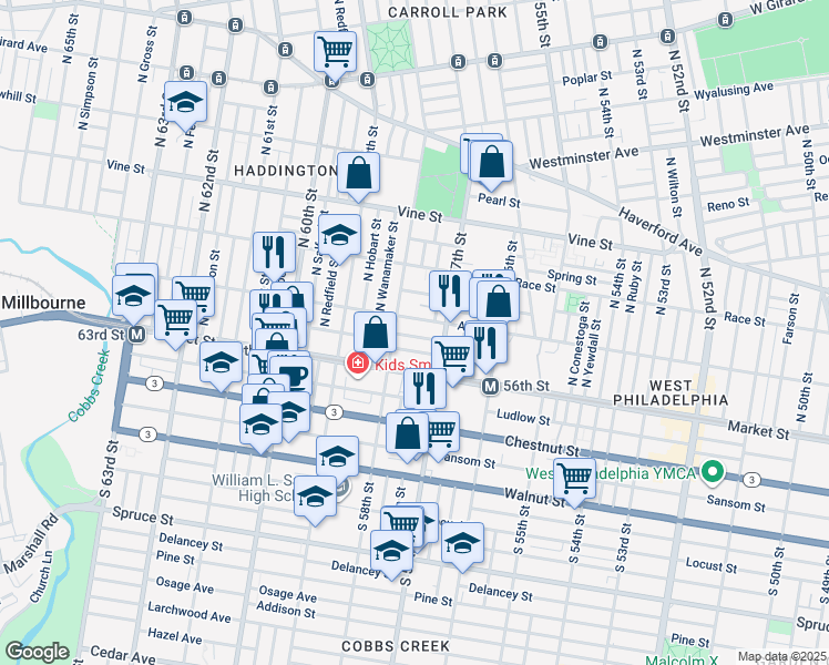 map of restaurants, bars, coffee shops, grocery stores, and more near 5739 Filbert Street in Philadelphia