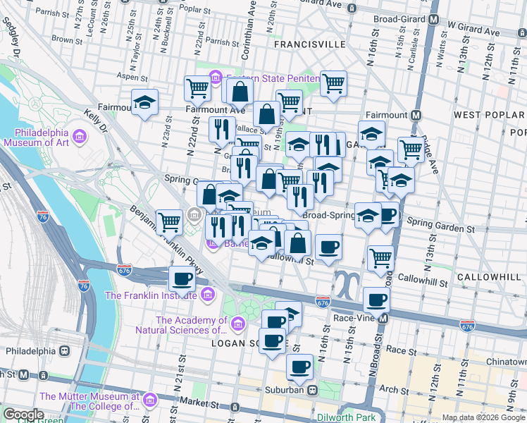 map of restaurants, bars, coffee shops, grocery stores, and more near 1900 Spring Garden Street in Philadelphia