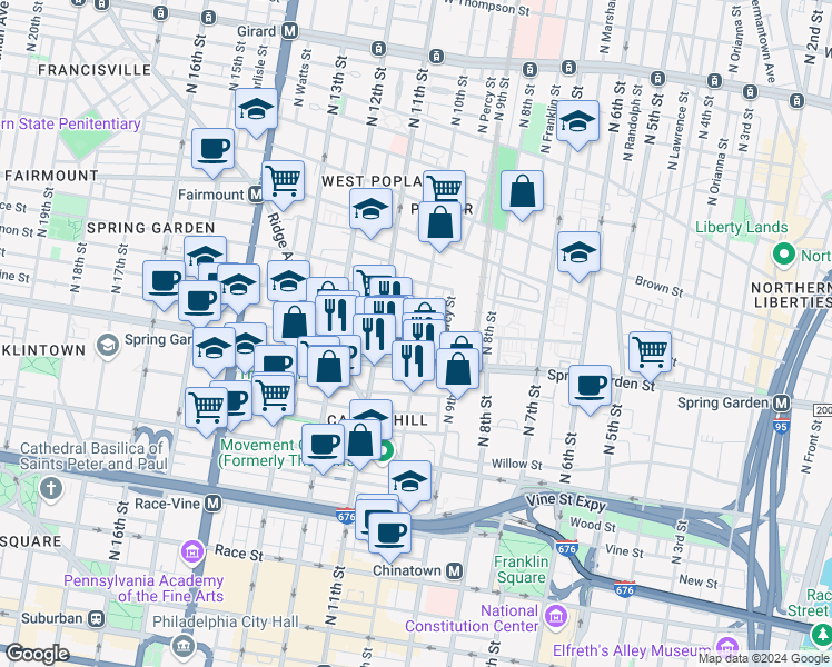 map of restaurants, bars, coffee shops, grocery stores, and more near 550 North 10th Street in Philadelphia