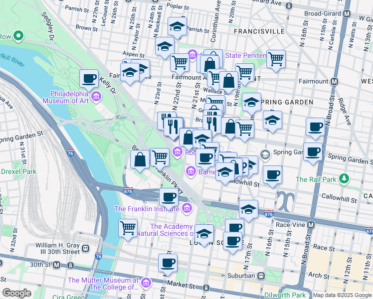map of restaurants, bars, coffee shops, grocery stores, and more near 500 North 21st Street in Philadelphia