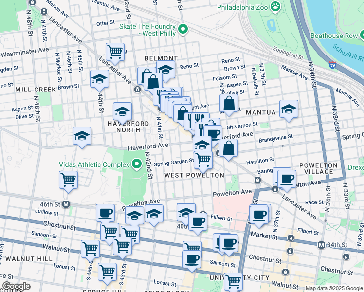 map of restaurants, bars, coffee shops, grocery stores, and more near 4046 Haverford Avenue in Philadelphia