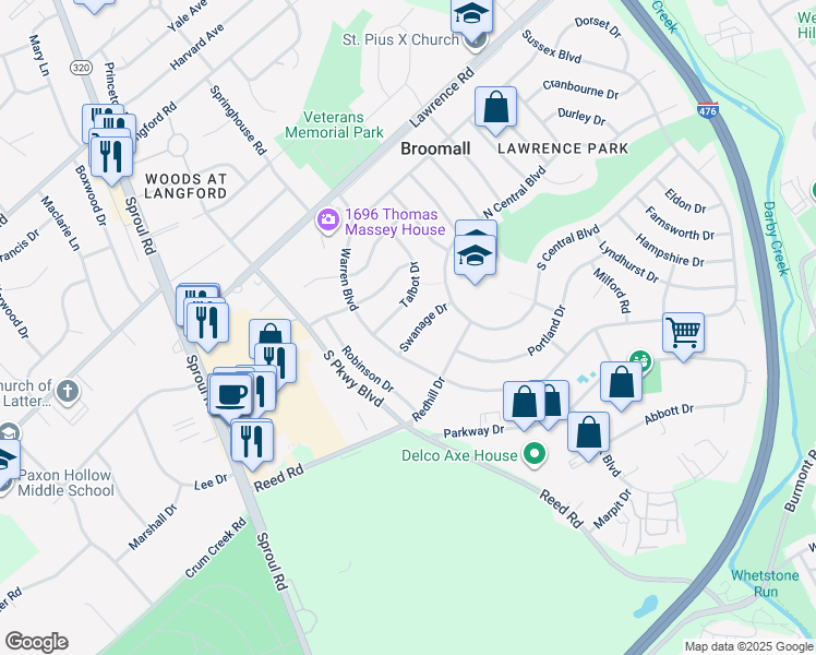 map of restaurants, bars, coffee shops, grocery stores, and more near 364 Swanage Drive in Broomall