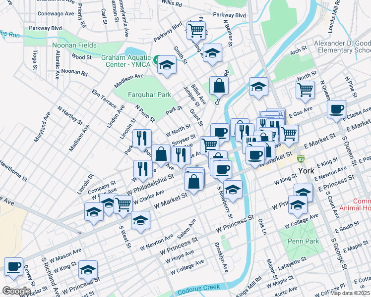 map of restaurants, bars, coffee shops, grocery stores, and more near 344 Gay Avenue in York