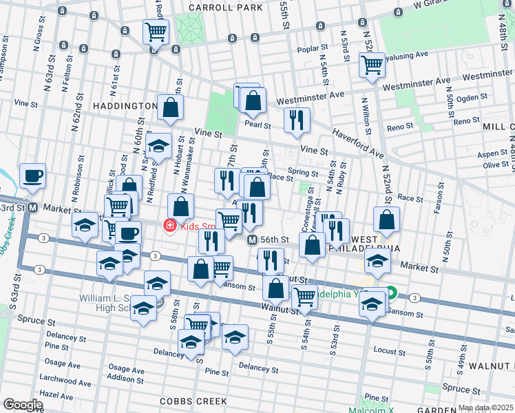 map of restaurants, bars, coffee shops, grocery stores, and more near N 56th St & Arch St in Philadelphia