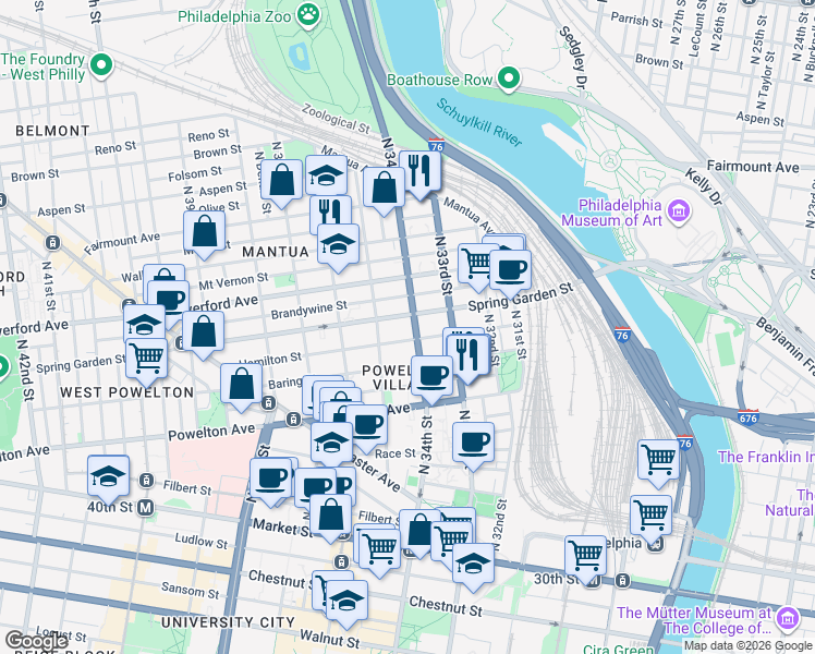 map of restaurants, bars, coffee shops, grocery stores, and more near 3409 Spring Garden Street in Philadelphia