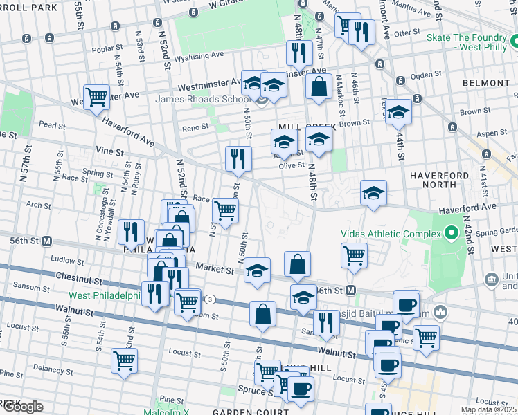 map of restaurants, bars, coffee shops, grocery stores, and more near 111 North 49th Street in Philadelphia