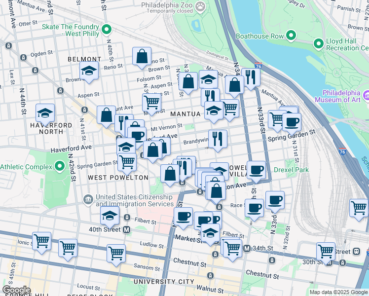 map of restaurants, bars, coffee shops, grocery stores, and more near 3725 Spring Garden Street in Philadelphia