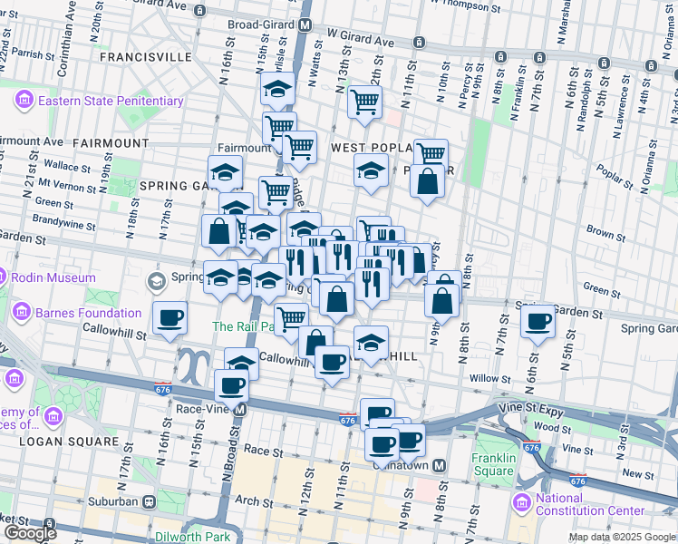 map of restaurants, bars, coffee shops, grocery stores, and more near 532 North 12th Street in Philadelphia