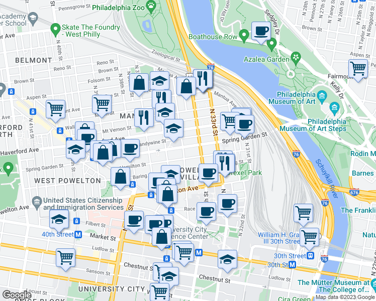 map of restaurants, bars, coffee shops, grocery stores, and more near 3409 Spring Garden Street in Philadelphia