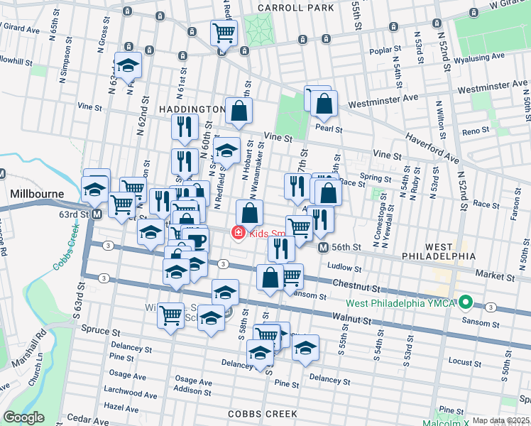 map of restaurants, bars, coffee shops, grocery stores, and more near 39 North 58th Street in Philadelphia
