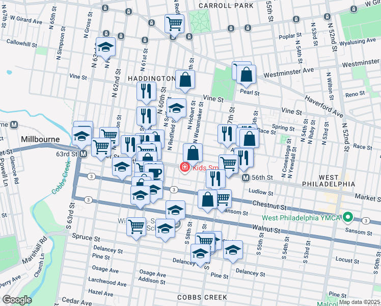 map of restaurants, bars, coffee shops, grocery stores, and more near 5829 Filbert Street in Philadelphia