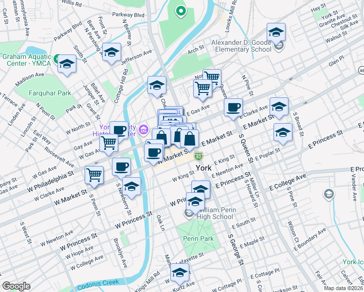 map of restaurants, bars, coffee shops, grocery stores, and more near 34 West Philadelphia Street in York