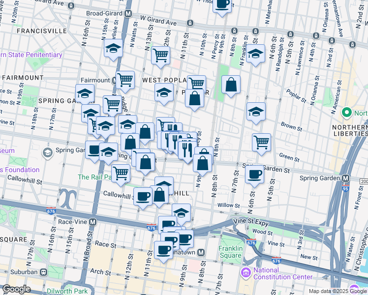 map of restaurants, bars, coffee shops, grocery stores, and more near 550 North 10th Street in Philadelphia