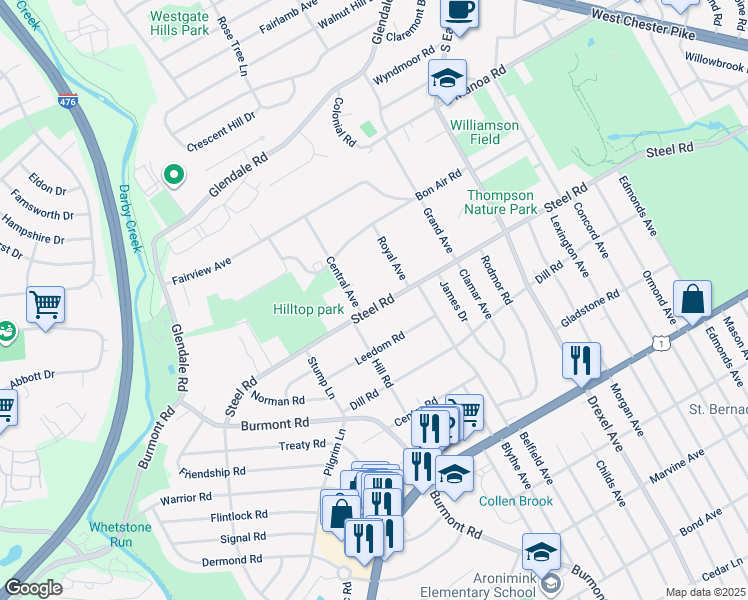 map of restaurants, bars, coffee shops, grocery stores, and more near 1250 Steel Road in Havertown