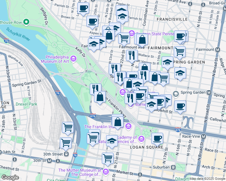 map of restaurants, bars, coffee shops, grocery stores, and more near 2212 Hamilton Street in Philadelphia