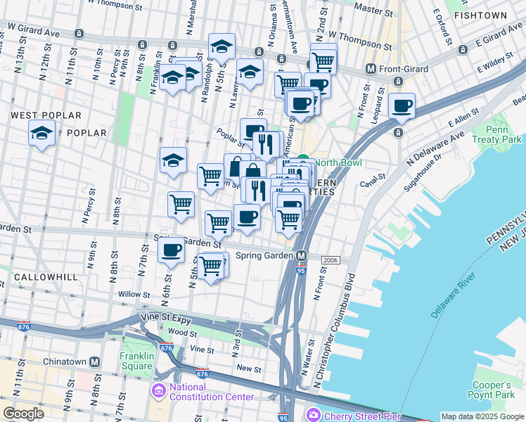map of restaurants, bars, coffee shops, grocery stores, and more near 707 North 3rd Street in Philadelphia