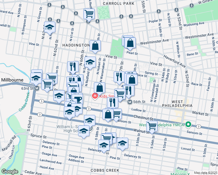 map of restaurants, bars, coffee shops, grocery stores, and more near 5743 Filbert Street in Philadelphia