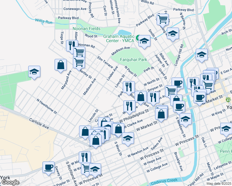 map of restaurants, bars, coffee shops, grocery stores, and more near 267 North Hartley Street in York
