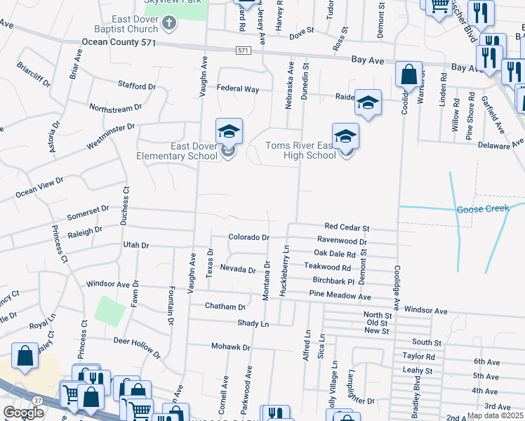 map of restaurants, bars, coffee shops, grocery stores, and more near 668 Montana Drive in Toms River