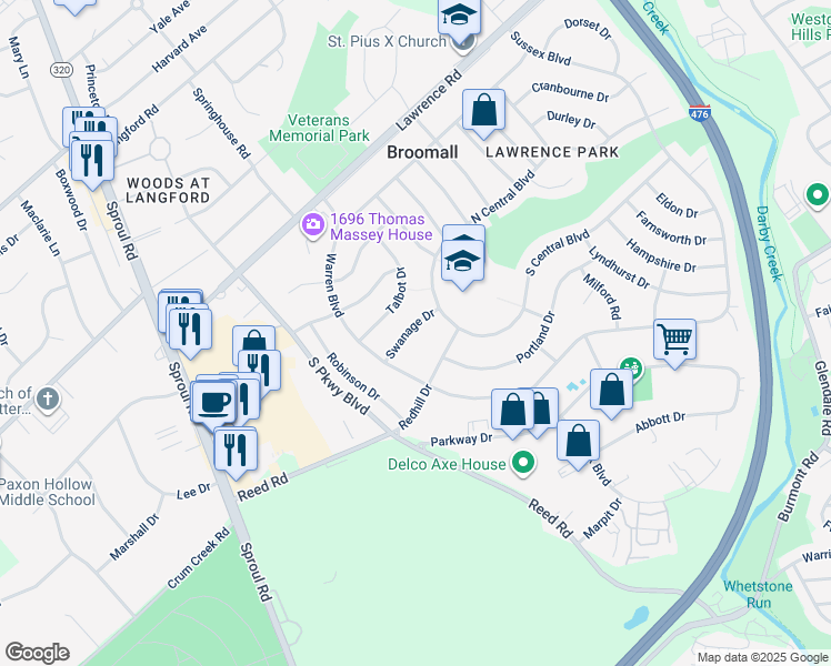 map of restaurants, bars, coffee shops, grocery stores, and more near 359 Swanage Drive in Broomall