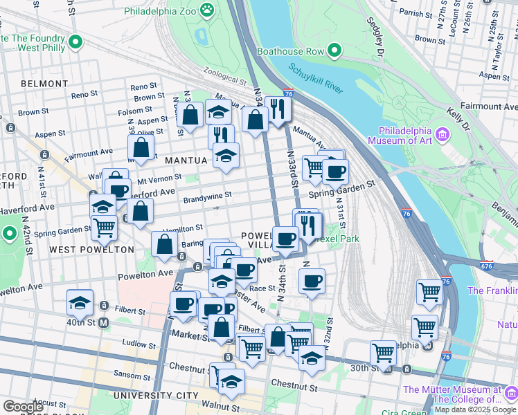 map of restaurants, bars, coffee shops, grocery stores, and more near 3412 Spring Garden Street in Philadelphia