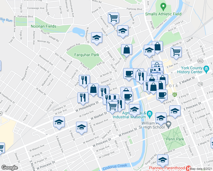 map of restaurants, bars, coffee shops, grocery stores, and more near 348 West Gay Street in York