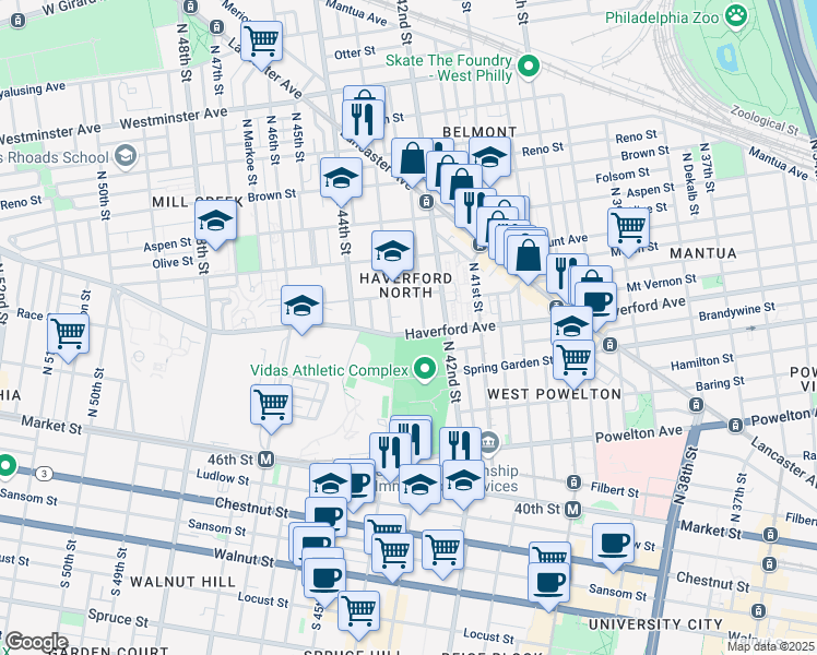map of restaurants, bars, coffee shops, grocery stores, and more near 4239 Haverford Avenue in Philadelphia