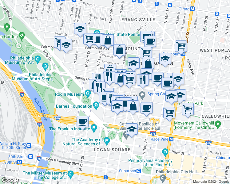 map of restaurants, bars, coffee shops, grocery stores, and more near 51 Hamilton Circle in Philadelphia