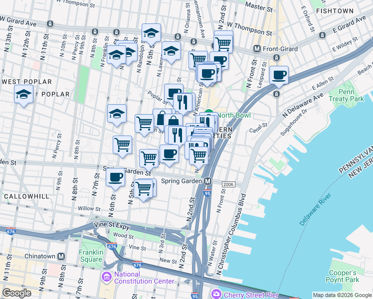 map of restaurants, bars, coffee shops, grocery stores, and more near 728 North Bodine Street in Philadelphia