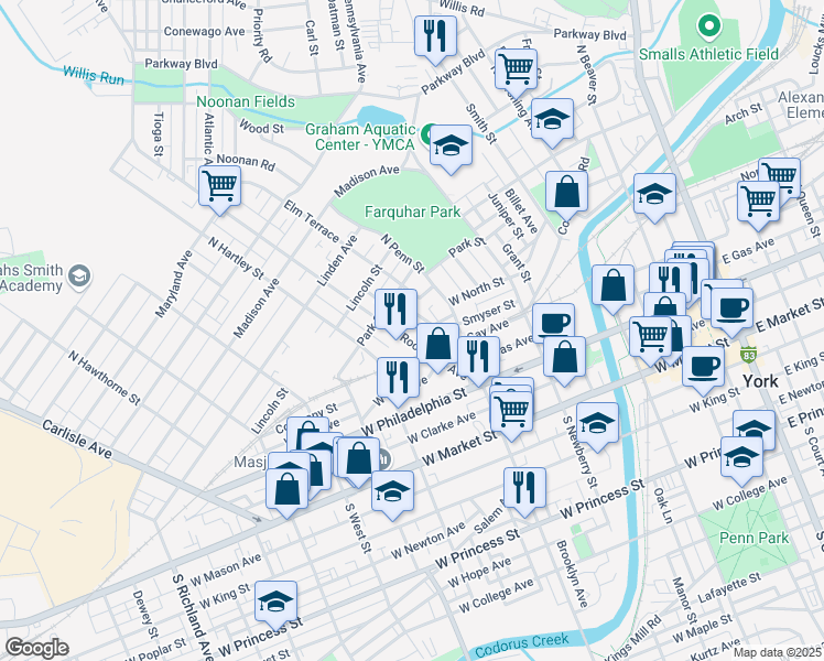 map of restaurants, bars, coffee shops, grocery stores, and more near 226 Earl Way in York