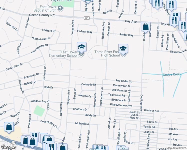 map of restaurants, bars, coffee shops, grocery stores, and more near 668 Montana Drive in Toms River