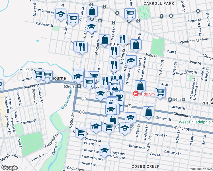 map of restaurants, bars, coffee shops, grocery stores, and more near 15 North 61st Street in Philadelphia