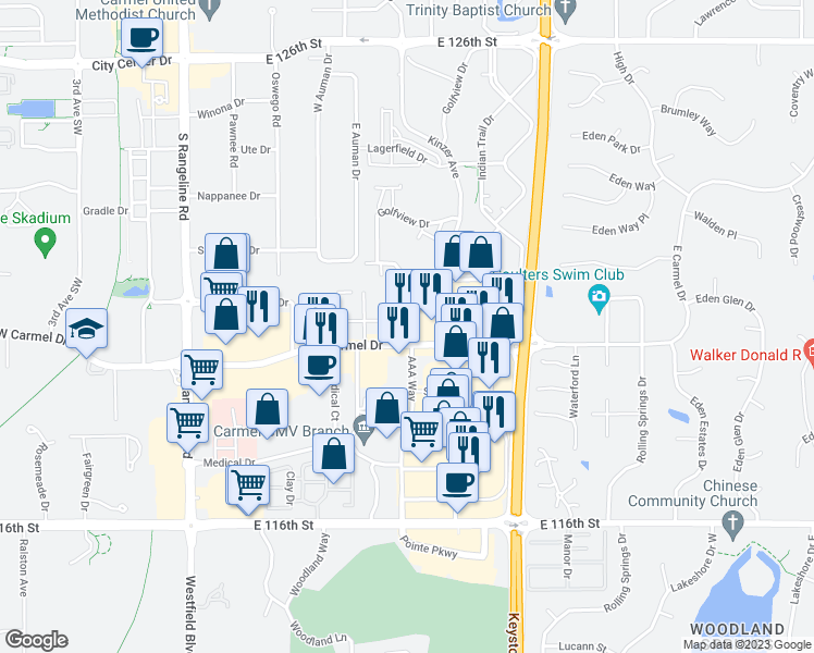 map of restaurants, bars, coffee shops, grocery stores, and more near 484 East Carmel Drive in Carmel