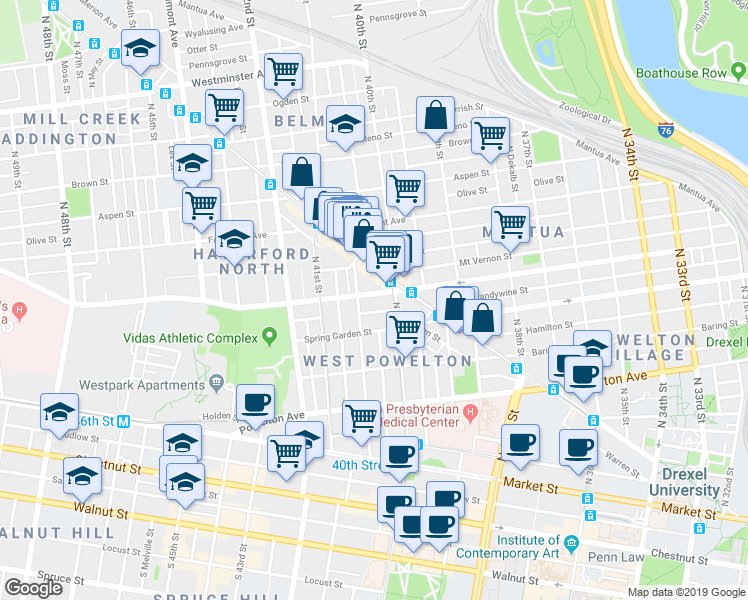 map of restaurants, bars, coffee shops, grocery stores, and more near 4028 Haverford Avenue in Philadelphia