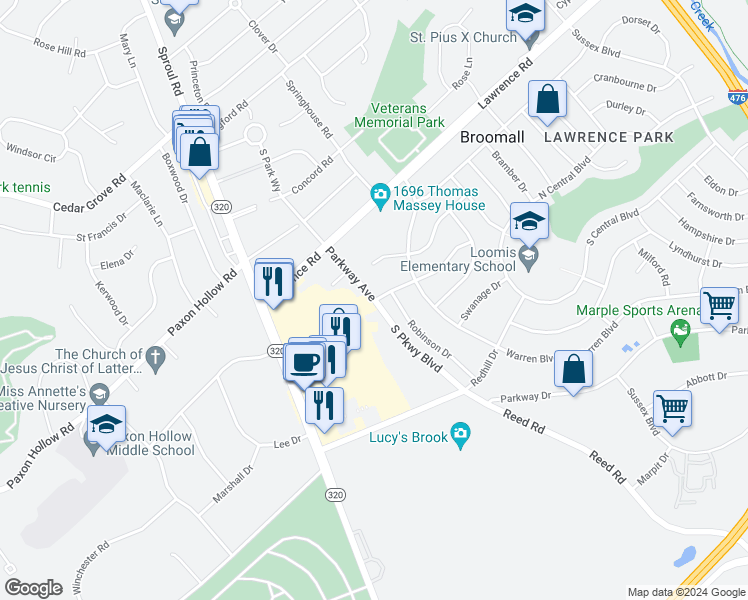 map of restaurants, bars, coffee shops, grocery stores, and more near 301 Parkway Avenue in Broomall