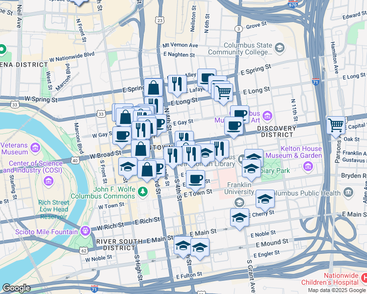 map of restaurants, bars, coffee shops, grocery stores, and more near 195 East Broad Street in Columbus