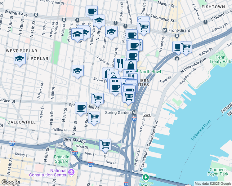 map of restaurants, bars, coffee shops, grocery stores, and more near 707 North 3rd Street in Philadelphia