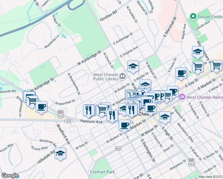 map of restaurants, bars, coffee shops, grocery stores, and more near 416 North Darlington Street in West Chester