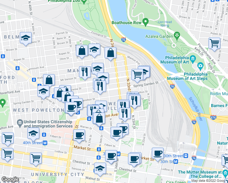 map of restaurants, bars, coffee shops, grocery stores, and more near 3410 Spring Garden Street in Philadelphia