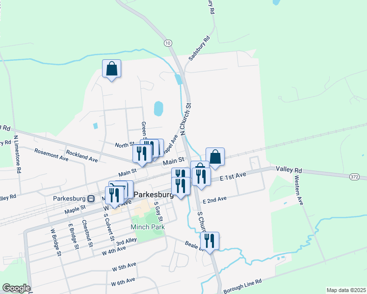 map of restaurants, bars, coffee shops, grocery stores, and more near 120 North Church Street in Parkesburg