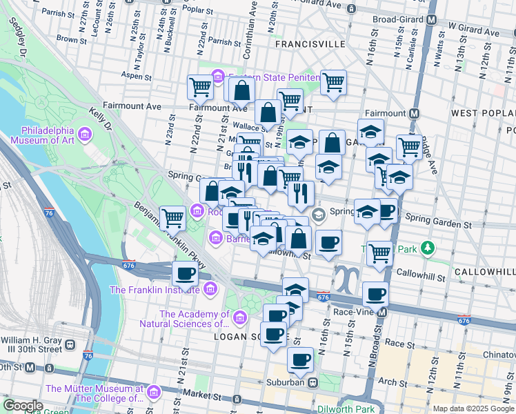map of restaurants, bars, coffee shops, grocery stores, and more near 51 Hamilton Circle in Philadelphia