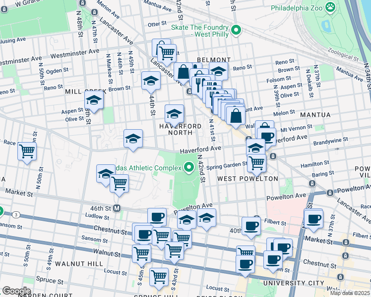 map of restaurants, bars, coffee shops, grocery stores, and more near 4227 Haverford Avenue in Philadelphia