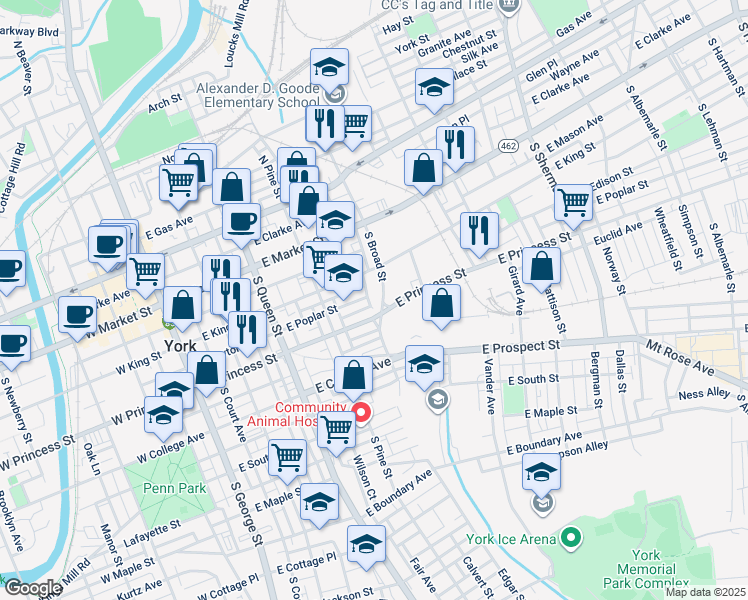 map of restaurants, bars, coffee shops, grocery stores, and more near 137 Edgar St in York