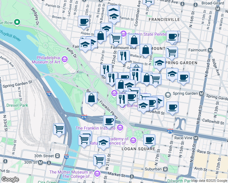 map of restaurants, bars, coffee shops, grocery stores, and more near 3538 Hamilton Street in Philadelphia