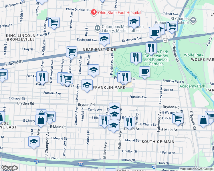 map of restaurants, bars, coffee shops, grocery stores, and more near in Columbus