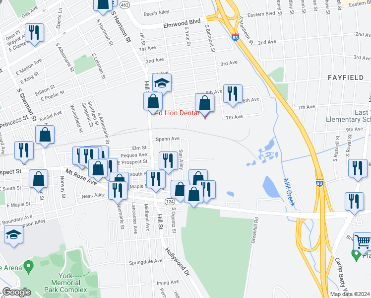 map of restaurants, bars, coffee shops, grocery stores, and more near 476 South Yale Street in York