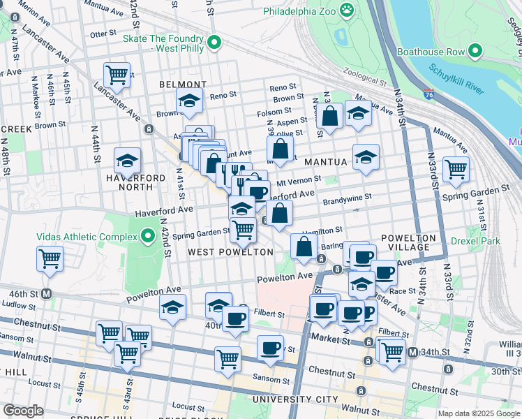 map of restaurants, bars, coffee shops, grocery stores, and more near 3940 Haverford Avenue in Philadelphia